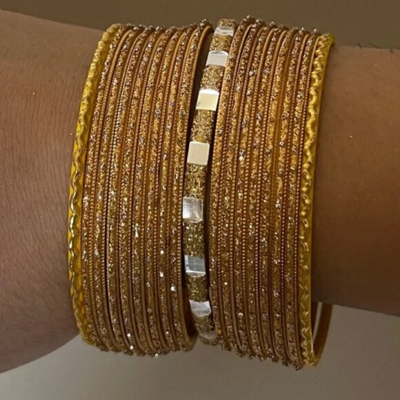 Gold and Yellow glitter Mirror Work Bangles Festive Indian Jewelry haldi - Picture 4 of 16